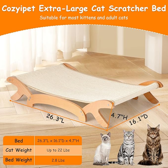 Elevated Cat Bed with Sisal Hammock for Cats, Large Sisal Scratcher Bed for Indoor Cats, Solid Beech Wood Frame up to 22Lbs (26.3" Lx16.1 Dx4.7 H)