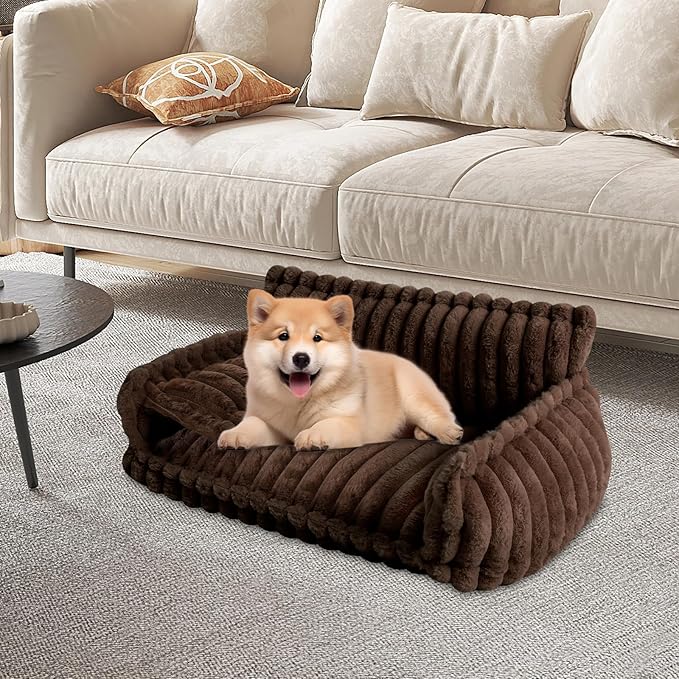 Plush Pet Couch, Soft Cat Bed with Bolster, Comfortable Pet Sofa for Indoor Lounging, Washable Cover, Large Size, Perfect for Medium to Large Breeds (Dark Brown)
