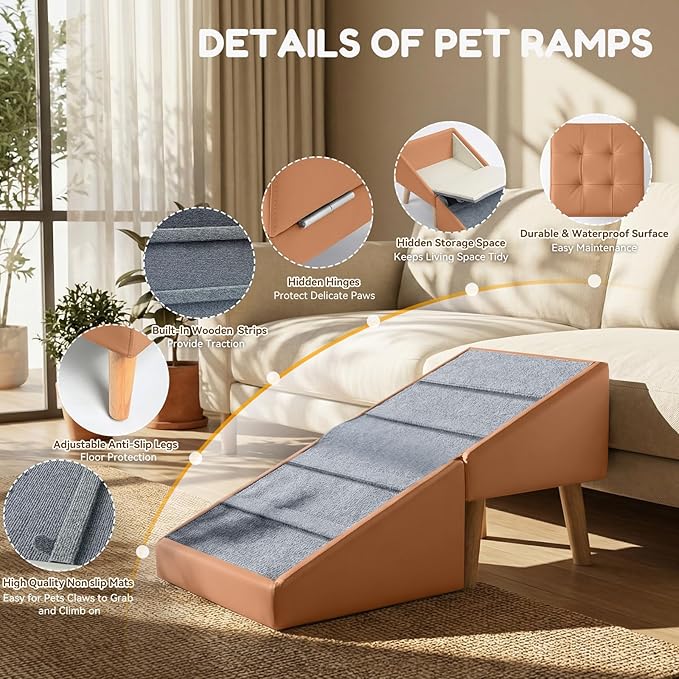 Dog Ramp & Stairs for Couch Sofas, 18.5" Extra Wide Pet Steps for Small Dogs, 15.7" H 3-in-1 Foldable Ottoman & Hidden Storage Design, Non-Slip Dog Ramp for Senior & Injured Pets (Camel)