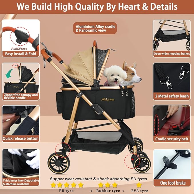 MILA&LOUIS Cat Stroller, 24" Pet Cradle, Lightweight & Stylish Dog and Pet Stroller for Medium and Small Pets, 55 Lbs Capacity with Cup Holder, Hook, Detachable Aluminum Cradle (Khaki)