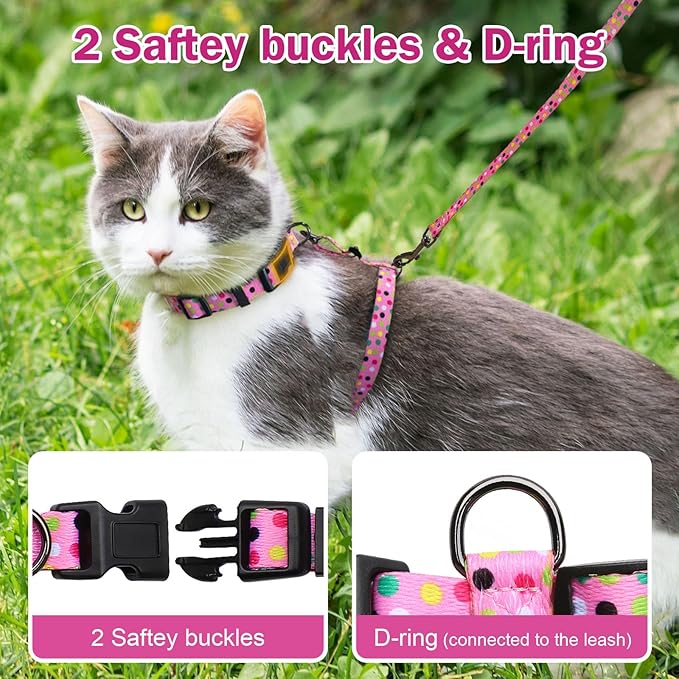 Hikiko Cat Harness and Leash Set Escape Proof Adjustable Walking Travel Cute Girl Kitten Harness for Small Medium Large Cats (Pink Polka Dots, S)