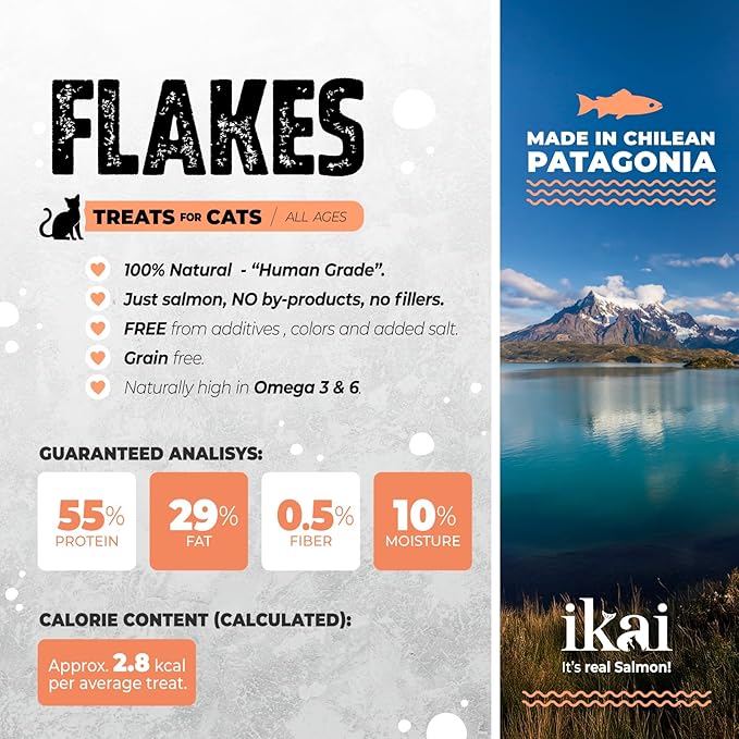 IKAI - 100% Natural Flakes Cat Treats - Single Ingredient: Patagonian Salmon from Chile, Hypoallergenic, with Omega 3 & 6 for Healthy Skin & Glossy Coat, Dehydrated, Grain-Free - 1.41 Oz (14)