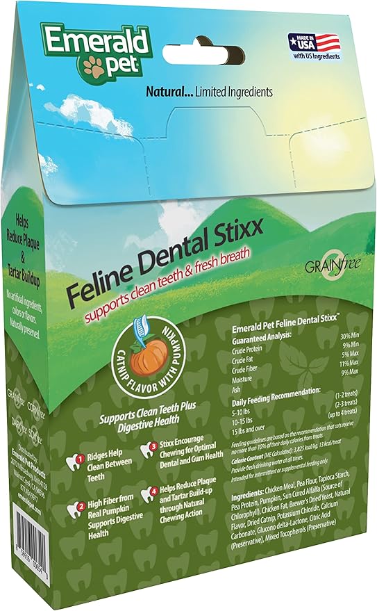 Emerald Pet Grain-Free Catnip Cat Dental Treats – Crunchy Dental Sticks for Cats to Clean Teeth, Reduce Plaque & Tartar, Freshen Breath – Pumpkin for Digestive Health, Natural Cat Chews, 3.6 oz