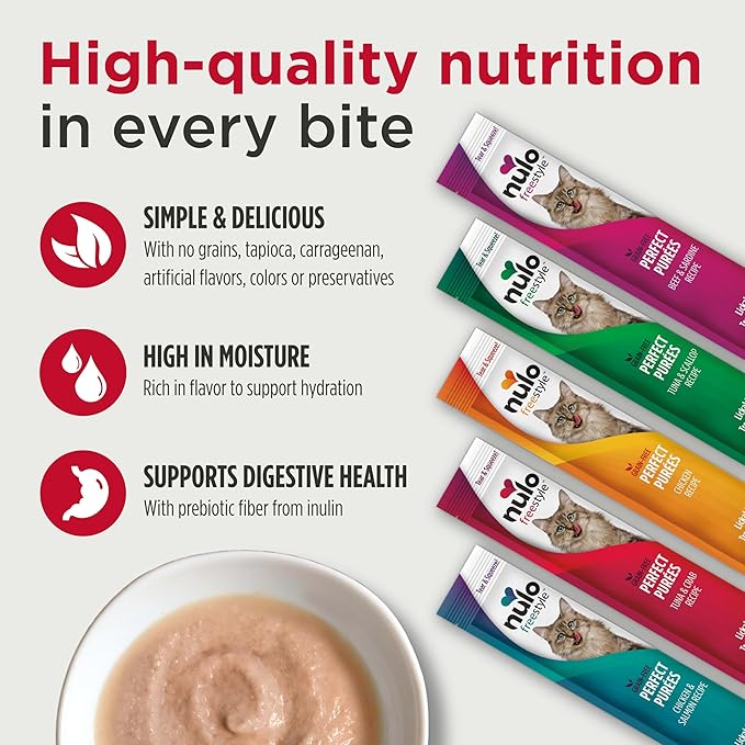 Nulo Freestyle Grain-Free Perfect Purees Premium Wet Cat Treats, Squeezable Meal Topper, High Moisture Content to Support Hydration, 0.5 Ounces in Each Lickable Pouch