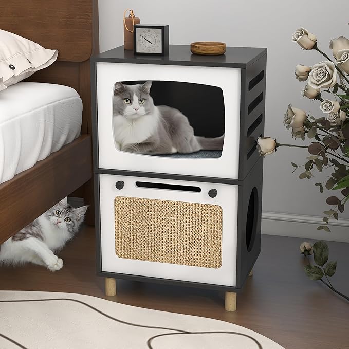 TaoHFE Cat Hideaway Modern Cats Furniture for Living Room Cat Houses for Indoor Cats with Scratching Pad & Soft Cushion, Cats Beds for Indoor TV Design end Table, Black