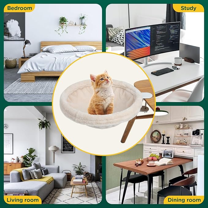 Cat Desk Bed, Round Cat Bed for Desk，Adjustable Steel Frame, Indoor Desk Perch for Cat up to 25 lbs, Unique and Modern Cat Furniture（Cream）