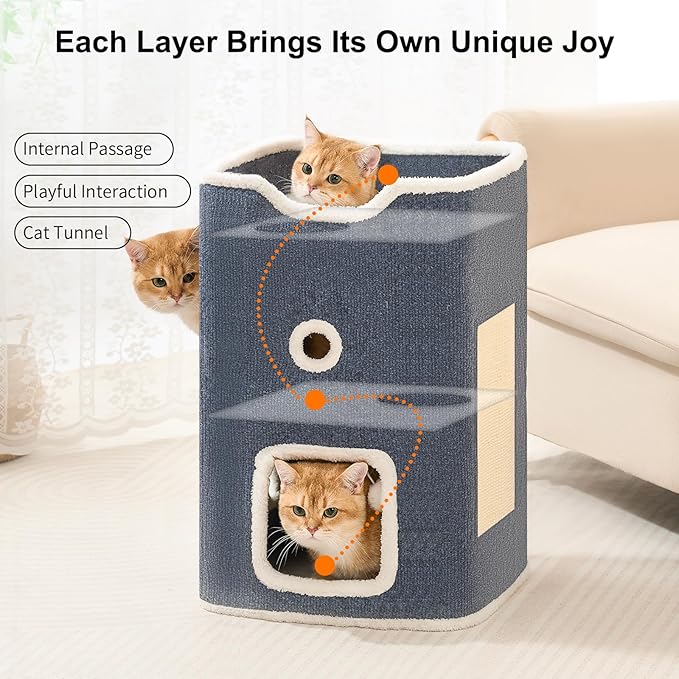 Cat House, Cat Beds for Indoor Cats, 2-Story Cat Condo Cube with Scratch Pad and Fluffy Ball Hanging, Multi-Level Cozy Hideout Center Ideal for Small/Medium Cats