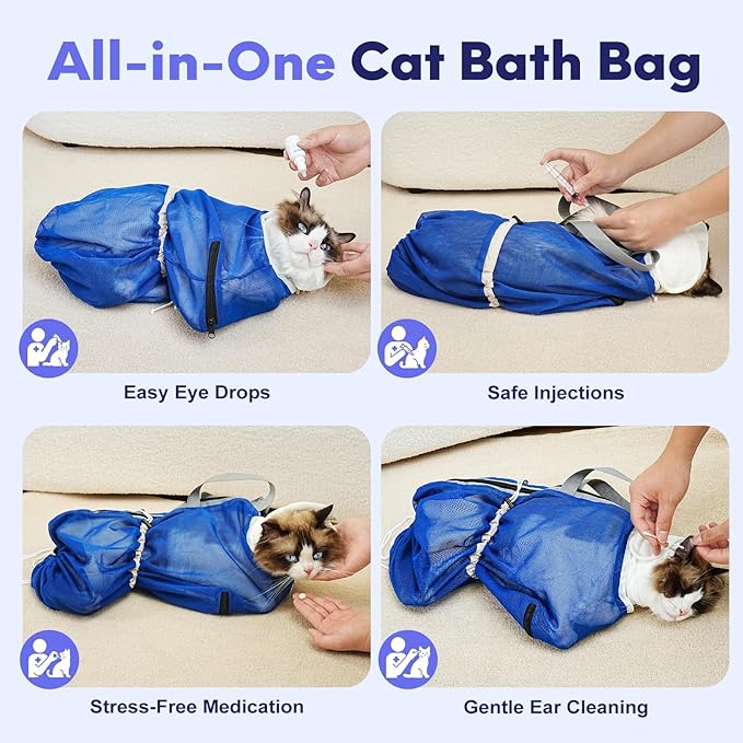 Cat Bathing Bag Anti Scratch Bite Breathable Mesh- Cat Grooming Bag for Nail Trimming, Injections, Medication, Dental Care, Vet Visits, Cats Shower Bag with Zippers,Blue M
