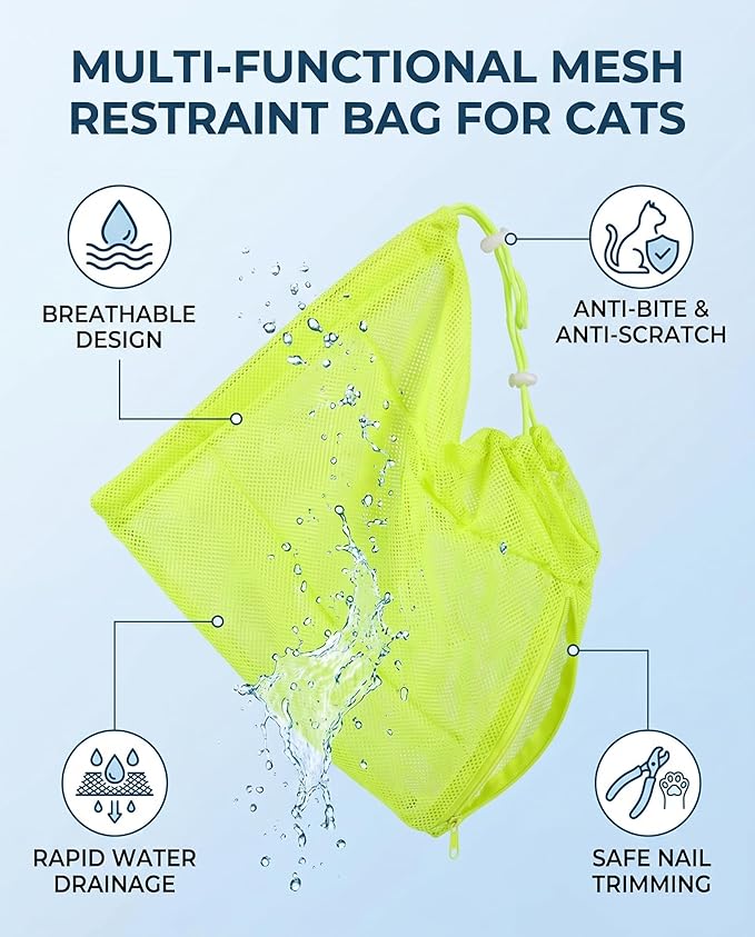 Cat Bathing Washing Bag, Adjustable Multi Functional Cat Restraint Mesh Bag Pet Shower Accessories for Nail Trim Examining Ear Clean Injecting (Yellow)
