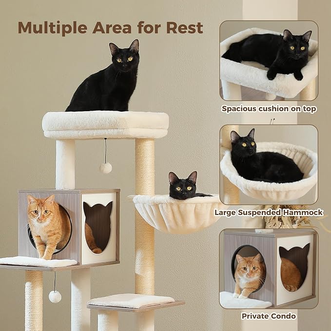 PETEPELA Cat Tree with Litter Box Enclosure, 2-in-1 Wood Cat Tower for Indoor Large Cats, 57.5'' Cat Condo with Scratching Posts, Cozy Hammock and Repalcable Dangling Balls, Grey