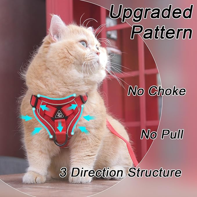 Cat Harness and Leash Set, Upgraded Escape Proof Adjustable Vest with Lead for Kitten Puppy Outdoor Walking, Soft Breathable Mesh Jacket with Reflective Strips for Dark Night (M, Fresh Red)
