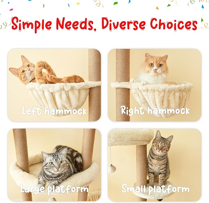 Cat Tree, Floor to Ceiling Cat Tower Adjustable Height [92.9-102.4 in=235-258cm], 7 Tiers Cat Climbing Play House with Fully Sisal Scratching Post, Cozy Condo & Hammocks for Indoor Cats, Beige