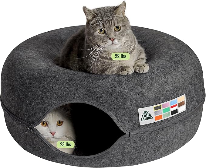 Cattasaurus Peekaboo Cat Cave for Multiple & Large Cats Up to 30-45 Lbs, Scratch Detachable & Washable Tunnel Bed, Comfy Donut Cat Cave (Dark Gray, Large)