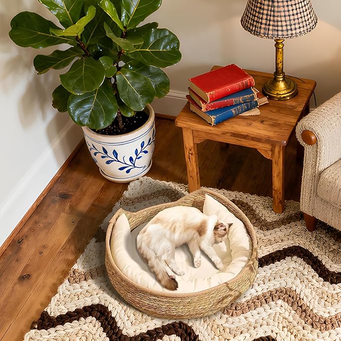 Woven Cat Bed - Nest with Soft Cushion, All Season Pet Sleeping Furniture, Sturdy Comfortable Design, Premium Resting and Scratching Spot, Indoor Pet Comfort, Puppy Dog Kitten Use, Warm Animal Nest