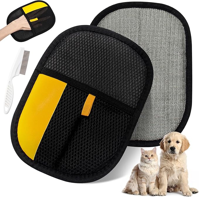 Coppthinktu Pet Hair Removal Glove for Dogs & Cats, Upgraded 2PCS Electrostatic Pet Hair Remover with Grooming Comb, Reusable Washable Magic Brush Hair Tool Mitt for Clothing, Couch, Carpet, Car Seat