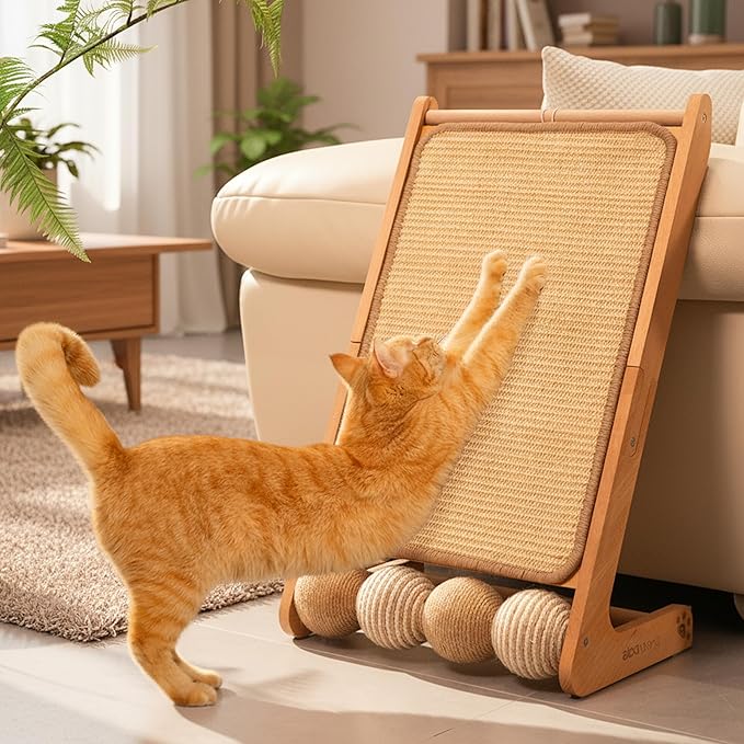 CHEERHOME PETS Sisal Cat Scratcher Ramp with Balls, 24.8" L Shape Cat Scratching Post Climbing Scratch for Indoor Cats, Solid Wooden Cat Furniture(Large)