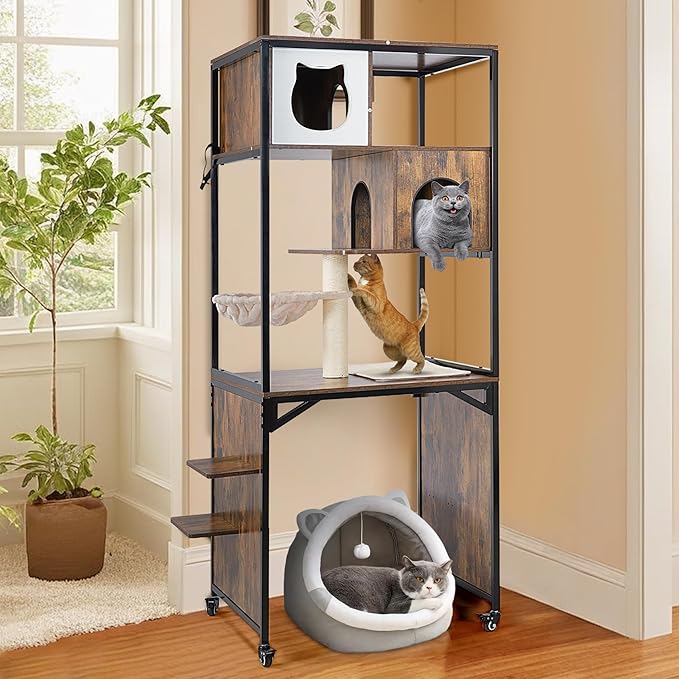Cat Tower with Litter Box Enclosure, Wooden Cat Tree Tower with Scratching Post, Sturdy Metal Frame Cat Furniture with Adjustable Bed & Anti-Tipping Design, Mobile Cat Condo for Indoor Cats