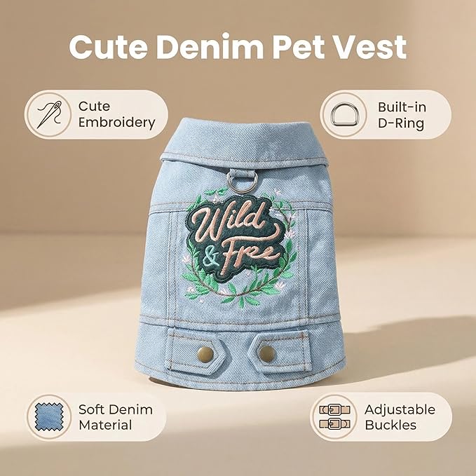 Cute Dog Denim Jacket, “Wild & Free” Embroidered Puppy Vest, Stylish Jean Outfit for Small Dogs & Cats, Soft Breathable Pet Clothes for Outdoor & Everyday Wear(XL)