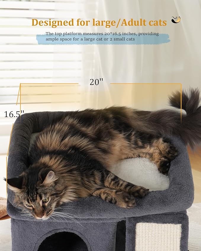 Aechonow Cat Tree for Large Cats, 14Inch Cat Tree Tower with Scratching Post, 20x16.5Inch Perch Bed for Adult Senior Cats, Removable Washable Mat, Dark Gray