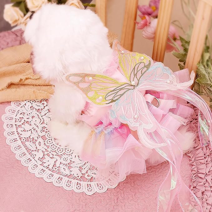 Pet Butterfly Dress,Pink Lolita Dress for Small Dogs Pet Princess Butterfly Wing Lace Tutu Skirt Cat Puppy Kitten for Summer Outfits Spring Gifts