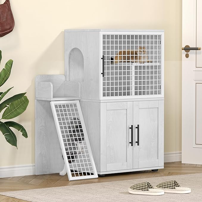 IDEALHOUSE Modern Cat Litter Box Enclosure with Platform, Double Layer Hidden Litter Box, Indoor Washroom, Villa Cat House with Ladder, 33.5" l x 17.9" w x 41.9" h,White