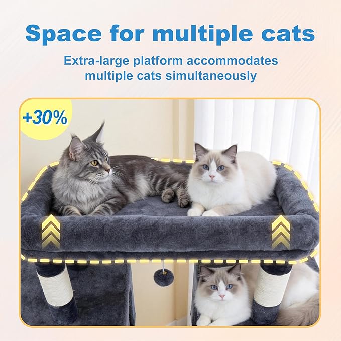 Hey-brother Cat Tree Tower, Large Sisal Scratching Posts with Big Platform, 3 Spacious Condos, Plush Hammock, Toy, 57.5 Inches Multi-Level Furniture for Indoor Adults Maine Coon, Smoky Gray MPJ083G
