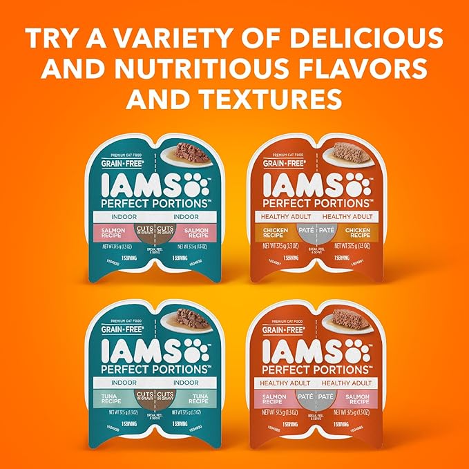 IAMS Perfect Portions Grain Free Wet Cat Food, Healthy Adult Cat Food Pate, Chicken, Tuna, and Salmon Recipes, (24) 2.6 oz. Variety Twin-Pack Trays
