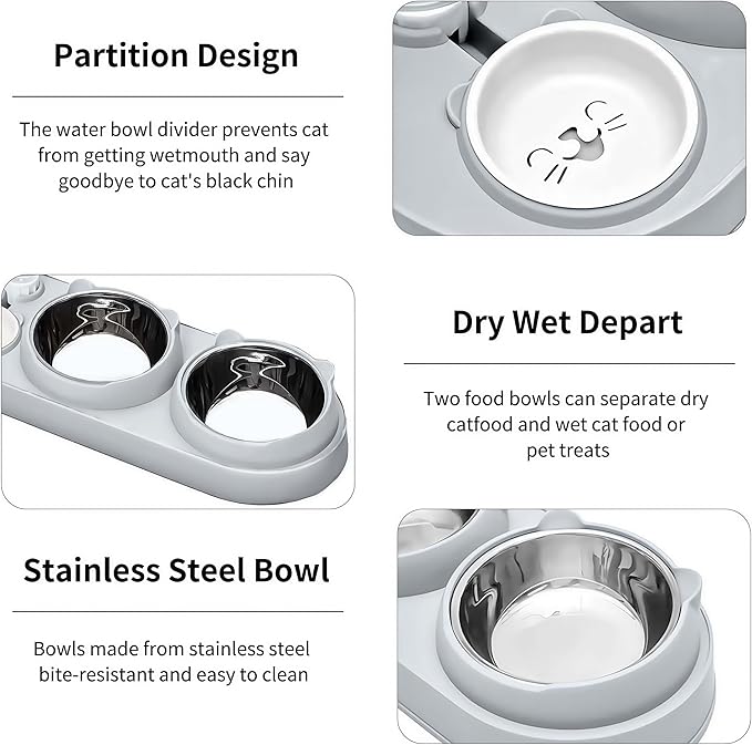 Marchul 3 in 1 Cat Bowl, Cat Food and Water Bowl Set with Water Dispenser and Stainless Steel Bowls, 15° Tilted Pet Raised Three Bowls for Indoor Cats, Small or Medium Sized Dogs,Gray