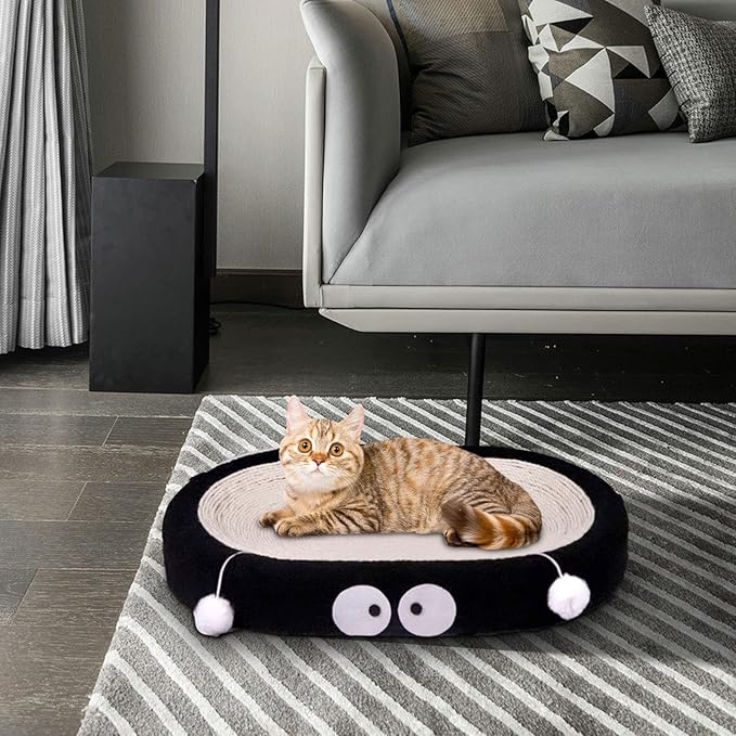 Cat Scratch Pad Bowl Nest Corrugated Cat Lounge Comfortable Claw with Interaction Ball Toy Furniture Protector, Black Oval