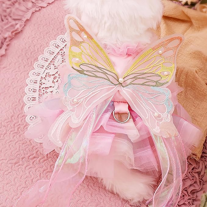 Pet Butterfly Dress,Pink Lolita Dress for Small Dogs Pet Princess Butterfly Wing Lace Tutu Skirt Cat Puppy Kitten for Summer Outfits Spring Gifts