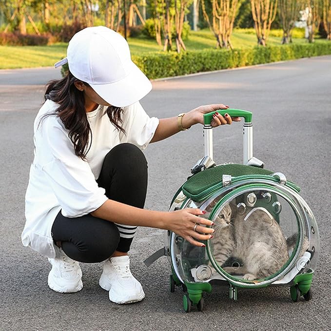 2025 Upgraded Cat Carrier Cat Backpack Pet Carrier Pet Trolley Case Clear Ventilation Holes Silent Wheels Convenient Portable Cats Dogs Backpack for Travel（Green）