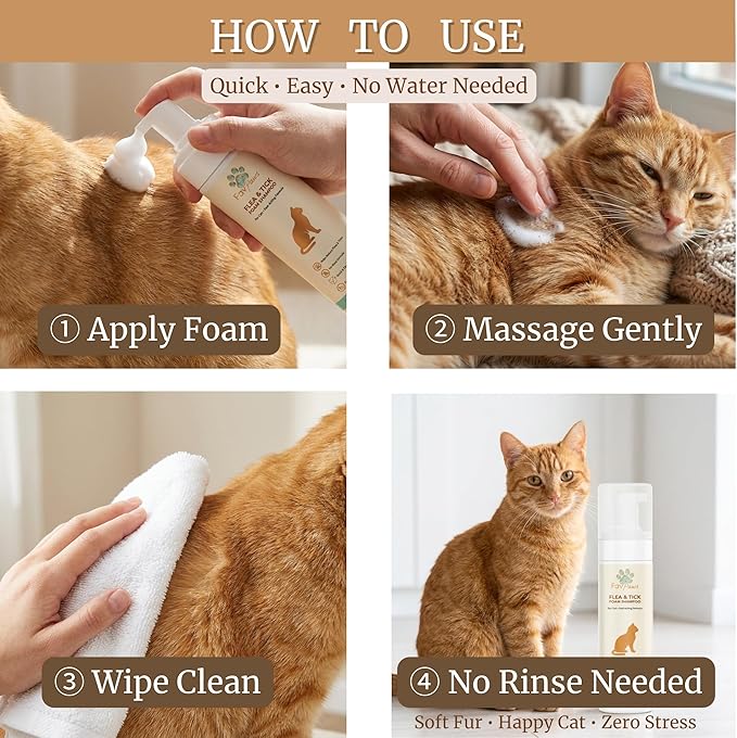 Flea & Tick Cat Waterless Foam Shampoo – No Rinse Grooming Formula – Gentle Care Coat Cleansing – Fresh Clean Scent – Dry Shampoo for Cats and Kittens -200 ml (6.7 fl oz)