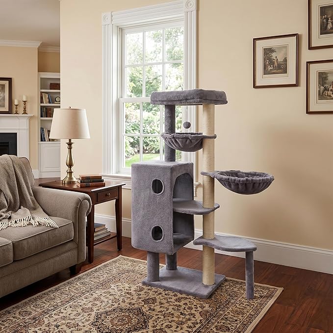 HUITREE 45in Cat Tree Tower with Big Condo for Indoor Cats,Cat Tower with Scratching Post,Scratching Board and Cat Toys,Multi-Level,Small Space,Transformer Cat Tree (Grey+)