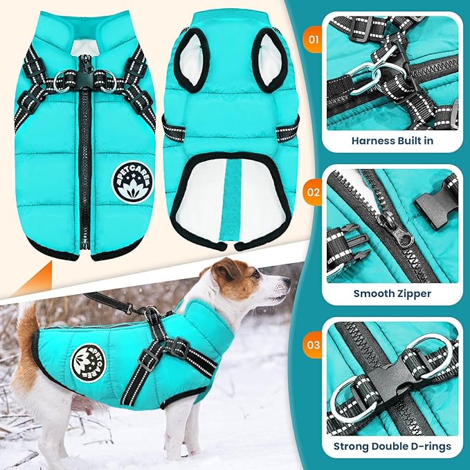 PETCARE Winter Dog Coat with Harness Built in Waterproof Dog Jackets Warm Pet Fleece Vest Windproof Snow Jacket Snowsuit Reflective Dogs Cold Weather Coats for Puppy Small Medium Large Dogs Cats