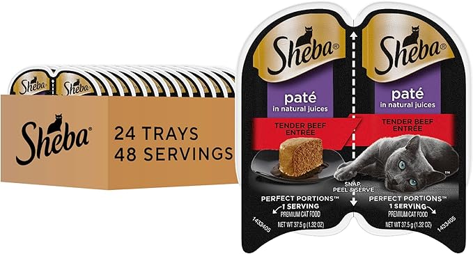 Sheba Perfect Portions Wet Cat Food Pate Tender Beef Entree, 2.6 oz. Twin-Pack Trays, Cat Food Wet Recipe (24 Count, 48 Servings)