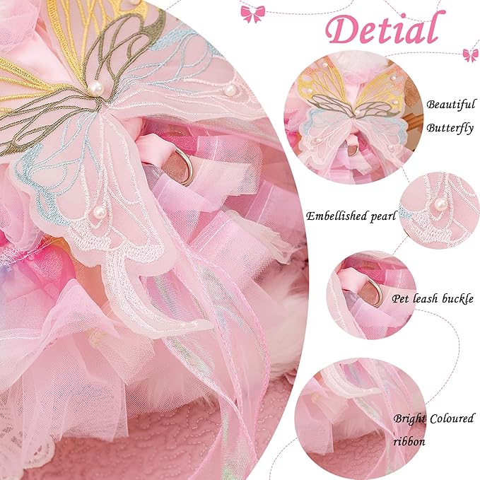 Pet Butterfly Dress,Pink Lolita Dress for Small Dogs Pet Princess Butterfly Wing Lace Tutu Skirt Cat Puppy Kitten for Summer Outfits Spring Gifts