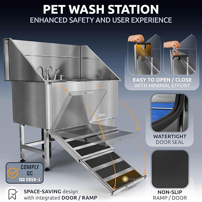 KANIS Professional Dog Washing Station 304 Stainless Steel Pet Wash Sink & Grooming Bathtub w/Shower, Floor Grates and Storage for Large, Medium & Small Pets (Silver, 50 Inches, Left Ramp, 1 Drawer)