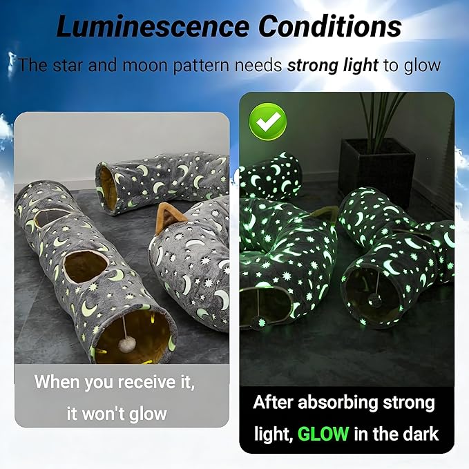 Cat Tube Tunnel with Plush Ball Toys Collapsible Self-Luminous, for Cat Small Pets Bunny Rabbits, Kittens, Ferrets,Puppy and Dogs Grey Moon Star 3 Way