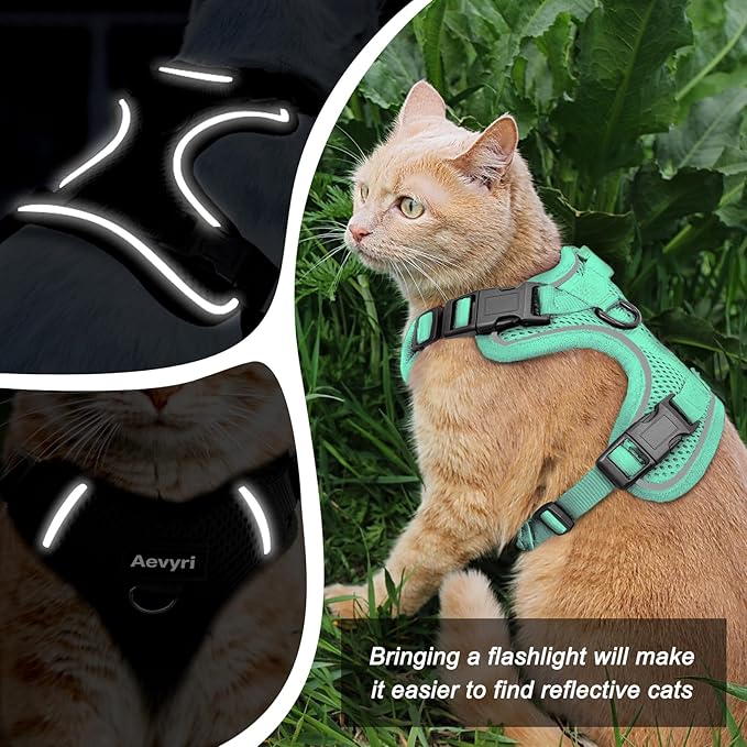 Cat Harness and Leash for Walking, The Upgrade Can be Adjusted in Four Directions and Breathable Cat Harness for Anti Escape that can be Fitted and Positioned, Reflective Strips Harness, Green, S