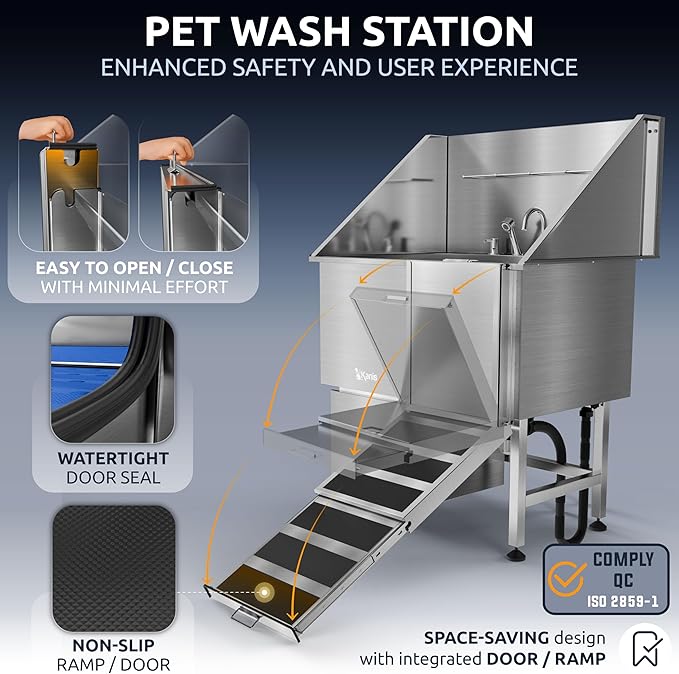 KANIS Professional Dog Washing Station 304 Stainless Steel Pet Wash Sink & Grooming Bathtub w/Shower, Floor Grates and Storage for Large, Medium & Small Pets (Silver, 40 Inches, Right Ramp, 1 Drawer)