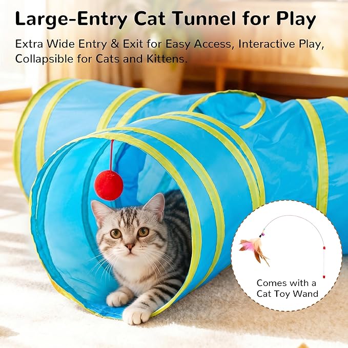 Tempcore Cat Tunnel for Indoor Cats, 3-Way Collapsible Play Tunnel with Teaser Wand, Peek Holes & Toy Ball, Small Pet Toy for Kittens & Rabbits, Blue & Yellow