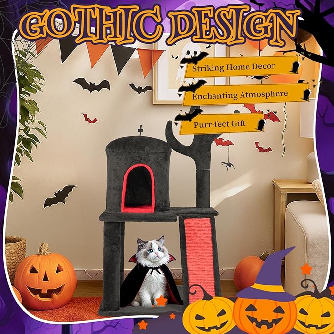 Outvita Gothic Cat Tree,42" Halloween Cat Tower Cat Tree with Spacious Cat Condo, Brach Shaped Scratching Post, Scratching Ladder, Spider Toy for Indoor Cats, Red & Black