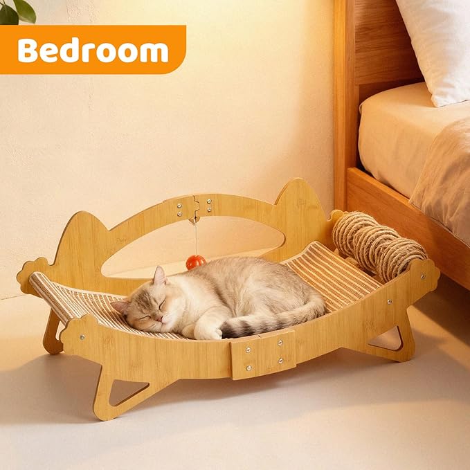 TIMIEEYA Cat Scratcher Bed, 3-in-1 Cat Scratching Pad with Hammock & Ball, Natural Sisal with Solid Wood Frame Cat Scratch Post for Indoor Cats Lounger & Sleep & Scratch