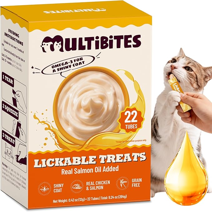 Soft Lickable Cat Treats for Indoor Cats – Salmon Oil & Chicken Flavor with Omega 3 and Taurine for Cats for Healthy Skin & Coat - Squeezable Cat Treats for Kittens & Senior Cats, 22 Tubes