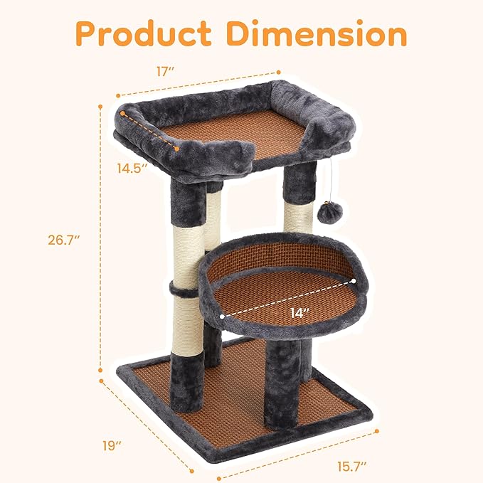 Multi-Level Cat Tower with Scratching Posts, Cat Tree with Double Cat Bed & Hanging Toys, Cute Climbing Tower with Sisal Scratcher for Kittens & Adult Cats, Grey