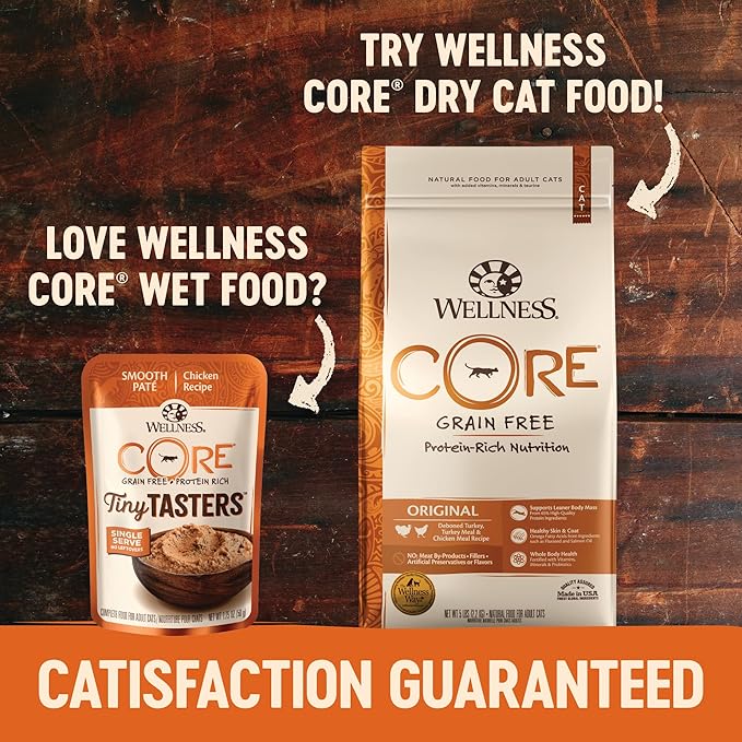 Wellness CORE Tiny Tasters Pate Adult Wet Cat Food, Natural, Protein Rich, Grain Free, Tuna and Salmon Recipe, 1.75 oz, Pack of 12 Pouches