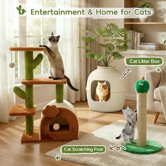 Cactus Cat Tree for Indoor Cats, 27.5'' Small Cat Tower with Cozy Condo, Wide Top Perch Multi-Level Climbing and Lounging Space, Brown
