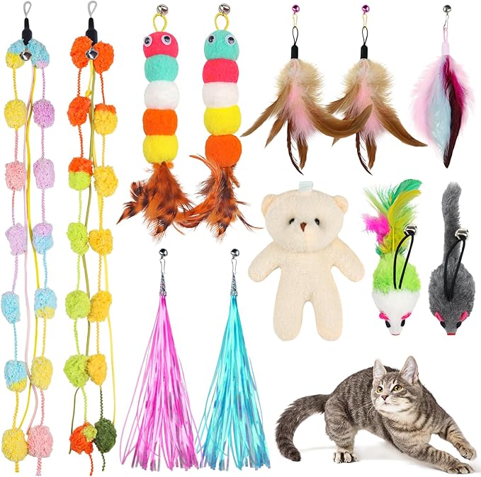 QUOZUO Cat Feather Wand Replacement - 12 PCS Toy Refills and Attachments for Cat Toys