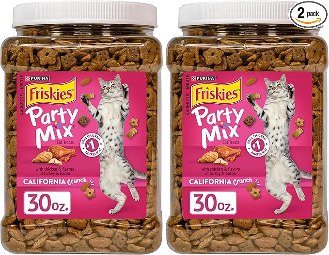 Friskies Purina Party Mix California Crunch with Chicken and Flavors of Turkey and Bacon Cat Treats - 30 oz Canister (Pack of 2)
