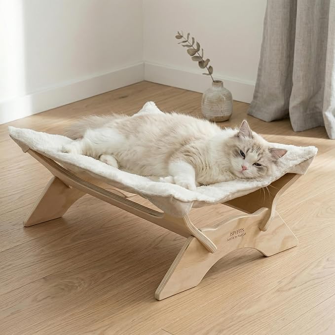 JSPYFITS Elevated Cat Bed Hammock, Raised Orthopedic Dog Bed with Dual-Sided Plush & Linen Cushion, Modern Cat Furniture for Medium to Large Cats, Easy Assembly(White)
